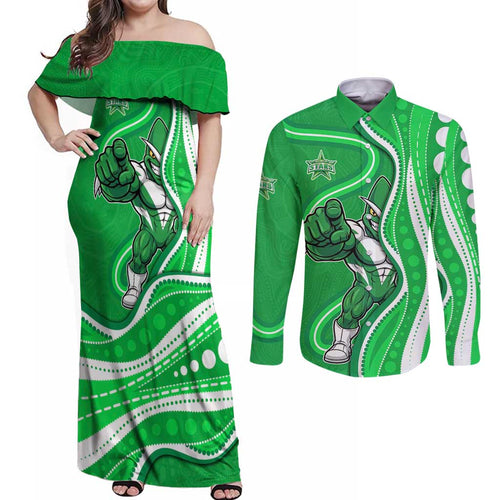 Melbourne Stars Couples Matching Off Shoulder Maxi Dress and Long Sleeve Button Shirt Aboriginal Dot Art Green White - Tribal Wave Pattern