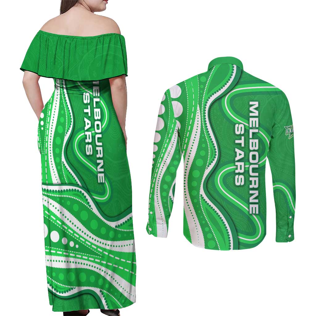 Melbourne Stars Couples Matching Off Shoulder Maxi Dress and Long Sleeve Button Shirt Aboriginal Dot Art Green White - Tribal Wave Pattern