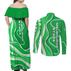 Melbourne Stars Couples Matching Off Shoulder Maxi Dress and Long Sleeve Button Shirt Aboriginal Dot Art Green White - Tribal Wave Pattern
