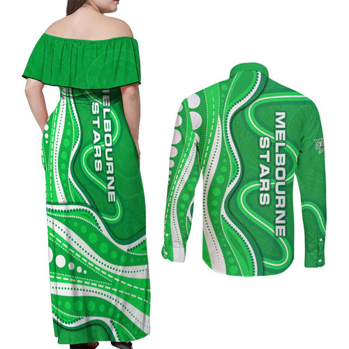 Melbourne Stars Couples Matching Off Shoulder Maxi Dress and Long Sleeve Button Shirt Aboriginal Dot Art Green White - Tribal Wave Pattern