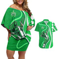 Melbourne Stars Couples Matching Off Shoulder Short Dress and Hawaiian Shirt Aboriginal Dot Art Green White - Tribal Wave Pattern