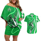 Melbourne Stars Couples Matching Off Shoulder Short Dress and Hawaiian Shirt Aboriginal Dot Art Green White - Tribal Wave Pattern