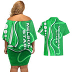 Melbourne Stars Couples Matching Off Shoulder Short Dress and Hawaiian Shirt Aboriginal Dot Art Green White - Tribal Wave Pattern