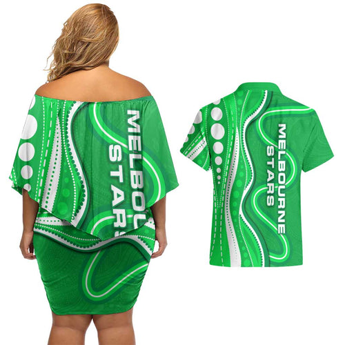 Melbourne Stars Couples Matching Off Shoulder Short Dress and Hawaiian Shirt Aboriginal Dot Art Green White - Tribal Wave Pattern