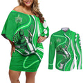 Melbourne Stars Couples Matching Off Shoulder Short Dress and Long Sleeve Button Shirt Aboriginal Dot Art Green White - Tribal Wave Pattern