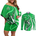 Melbourne Stars Couples Matching Off Shoulder Short Dress and Long Sleeve Button Shirt Aboriginal Dot Art Green White - Tribal Wave Pattern