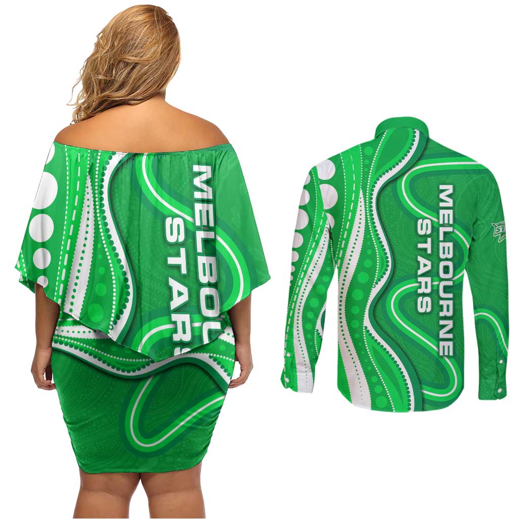 Melbourne Stars Couples Matching Off Shoulder Short Dress and Long Sleeve Button Shirt Aboriginal Dot Art Green White - Tribal Wave Pattern