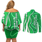 Melbourne Stars Couples Matching Off Shoulder Short Dress and Long Sleeve Button Shirt Aboriginal Dot Art Green White - Tribal Wave Pattern