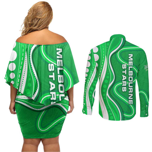 Melbourne Stars Couples Matching Off Shoulder Short Dress and Long Sleeve Button Shirt Aboriginal Dot Art Green White - Tribal Wave Pattern