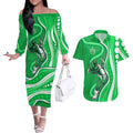 Melbourne Stars Couples Matching Off The Shoulder Long Sleeve Dress and Hawaiian Shirt Aboriginal Dot Art Green White - Tribal Wave Pattern