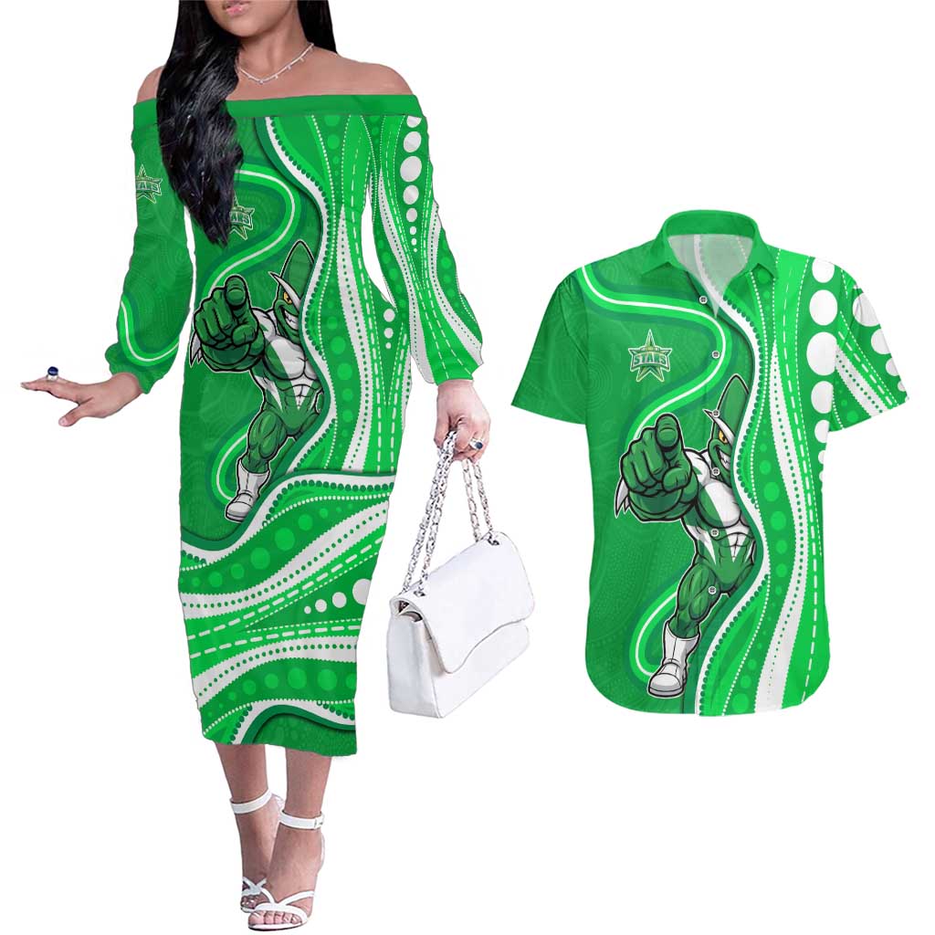 Melbourne Stars Couples Matching Off The Shoulder Long Sleeve Dress and Hawaiian Shirt Aboriginal Dot Art Green White - Tribal Wave Pattern