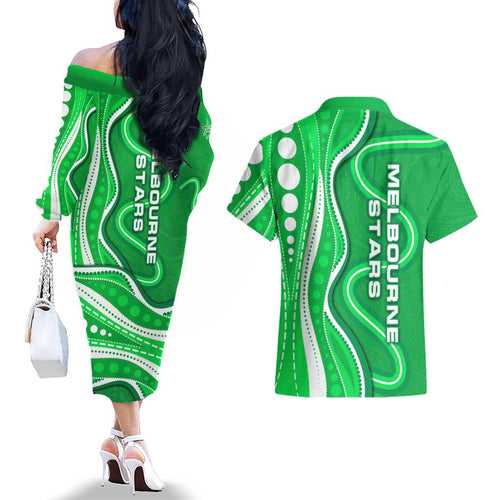 Melbourne Stars Couples Matching Off The Shoulder Long Sleeve Dress and Hawaiian Shirt Aboriginal Dot Art Green White - Tribal Wave Pattern