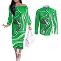 Melbourne Stars Couples Matching Off The Shoulder Long Sleeve Dress and Long Sleeve Button Shirt Aboriginal Dot Art Green White - Tribal Wave Pattern