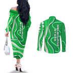 Melbourne Stars Couples Matching Off The Shoulder Long Sleeve Dress and Long Sleeve Button Shirt Aboriginal Dot Art Green White - Tribal Wave Pattern