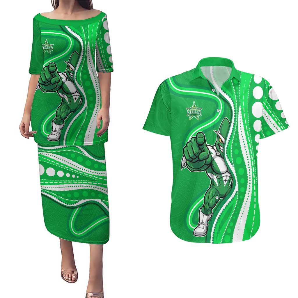 Melbourne Stars Couples Matching Puletasi and Hawaiian Shirt Aboriginal Dot Art Green White - Tribal Wave Pattern