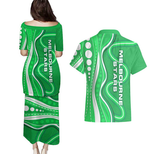 Melbourne Stars Couples Matching Puletasi and Hawaiian Shirt Aboriginal Dot Art Green White - Tribal Wave Pattern
