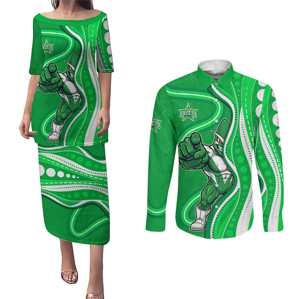 Melbourne Stars Couples Matching Puletasi and Long Sleeve Button Shirt Aboriginal Dot Art Green White - Tribal Wave Pattern