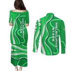 Melbourne Stars Couples Matching Puletasi and Long Sleeve Button Shirt Aboriginal Dot Art Green White - Tribal Wave Pattern