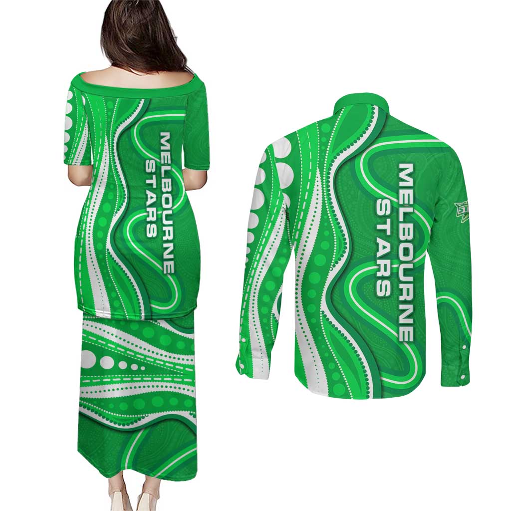 Melbourne Stars Couples Matching Puletasi and Long Sleeve Button Shirt Aboriginal Dot Art Green White - Tribal Wave Pattern