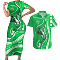 Melbourne Stars Couples Matching Short Sleeve Bodycon Dress and Hawaiian Shirt Aboriginal Dot Art Green White - Tribal Wave Pattern