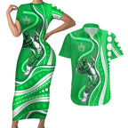Melbourne Stars Couples Matching Short Sleeve Bodycon Dress and Hawaiian Shirt Aboriginal Dot Art Green White - Tribal Wave Pattern