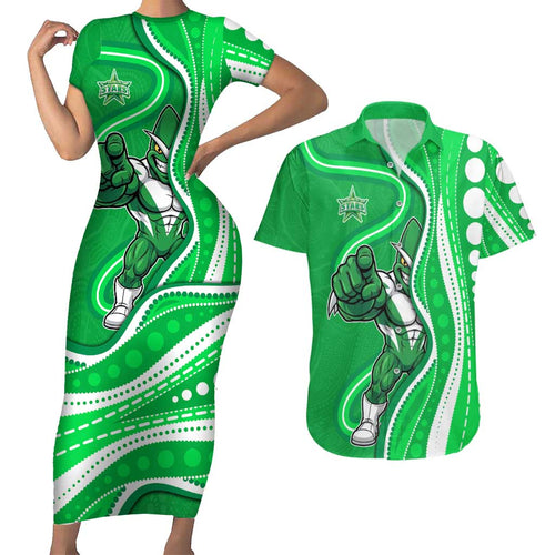 Melbourne Stars Couples Matching Short Sleeve Bodycon Dress and Hawaiian Shirt Aboriginal Dot Art Green White - Tribal Wave Pattern