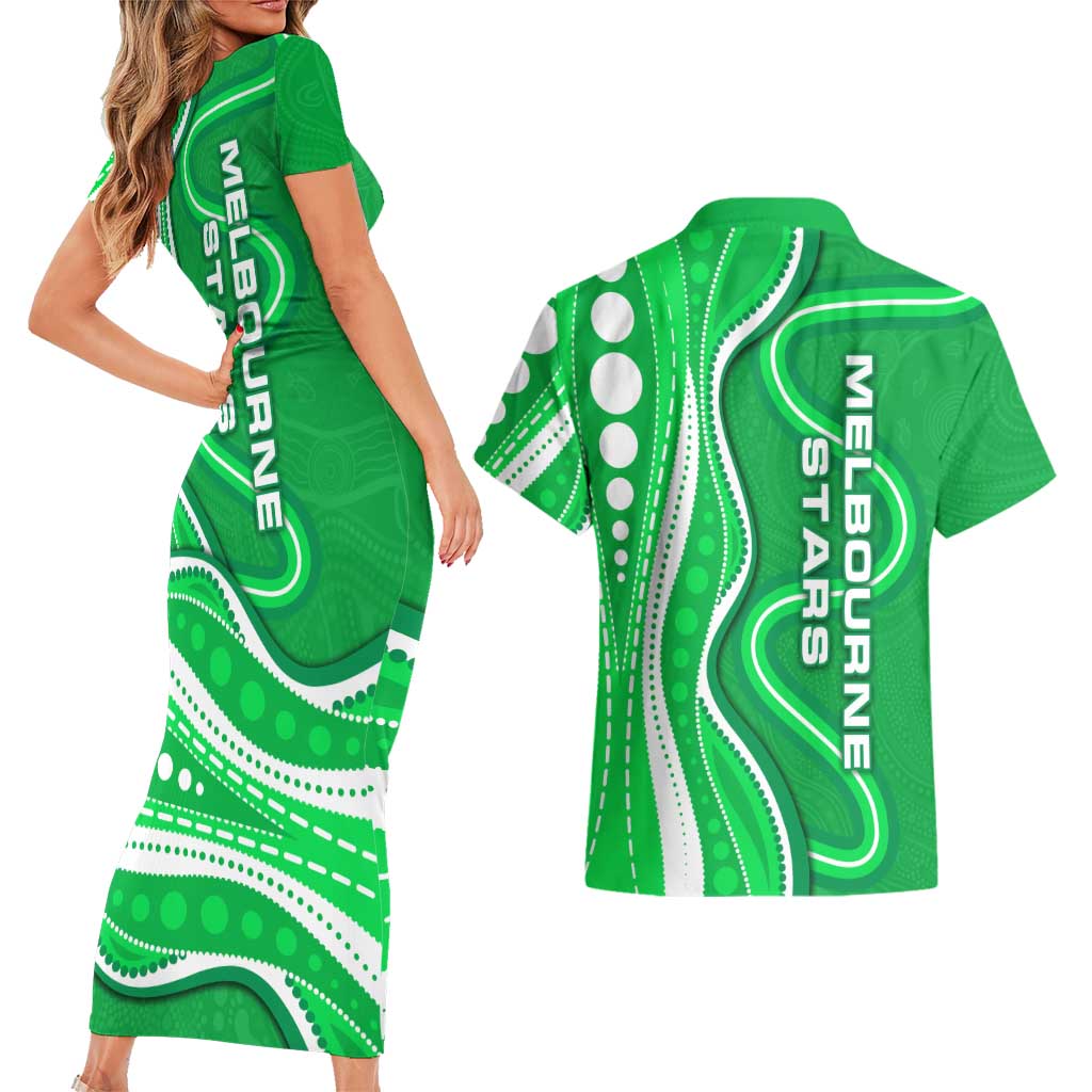 Melbourne Stars Couples Matching Short Sleeve Bodycon Dress and Hawaiian Shirt Aboriginal Dot Art Green White - Tribal Wave Pattern