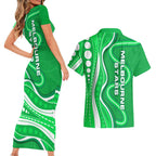 Melbourne Stars Couples Matching Short Sleeve Bodycon Dress and Hawaiian Shirt Aboriginal Dot Art Green White - Tribal Wave Pattern