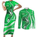 Melbourne Stars Couples Matching Short Sleeve Bodycon Dress and Long Sleeve Button Shirt Aboriginal Dot Art Green White - Tribal Wave Pattern