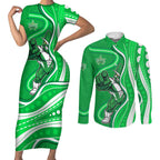 Melbourne Stars Couples Matching Short Sleeve Bodycon Dress and Long Sleeve Button Shirt Aboriginal Dot Art Green White - Tribal Wave Pattern