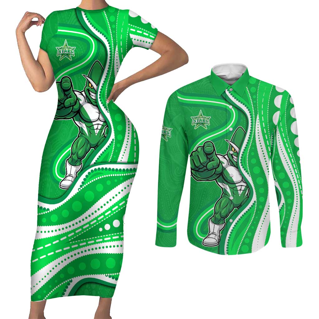 Melbourne Stars Couples Matching Short Sleeve Bodycon Dress and Long Sleeve Button Shirt Aboriginal Dot Art Green White - Tribal Wave Pattern