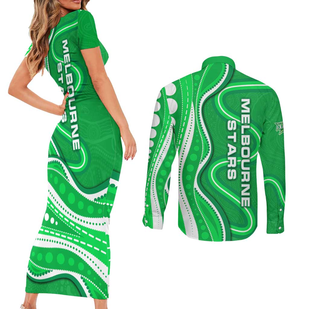 Melbourne Stars Couples Matching Short Sleeve Bodycon Dress and Long Sleeve Button Shirt Aboriginal Dot Art Green White - Tribal Wave Pattern