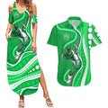 Melbourne Stars Couples Matching Summer Maxi Dress and Hawaiian Shirt Aboriginal Dot Art Green White - Tribal Wave Pattern