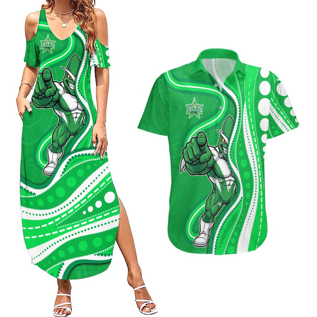 Melbourne Stars Couples Matching Summer Maxi Dress and Hawaiian Shirt Aboriginal Dot Art Green White - Tribal Wave Pattern