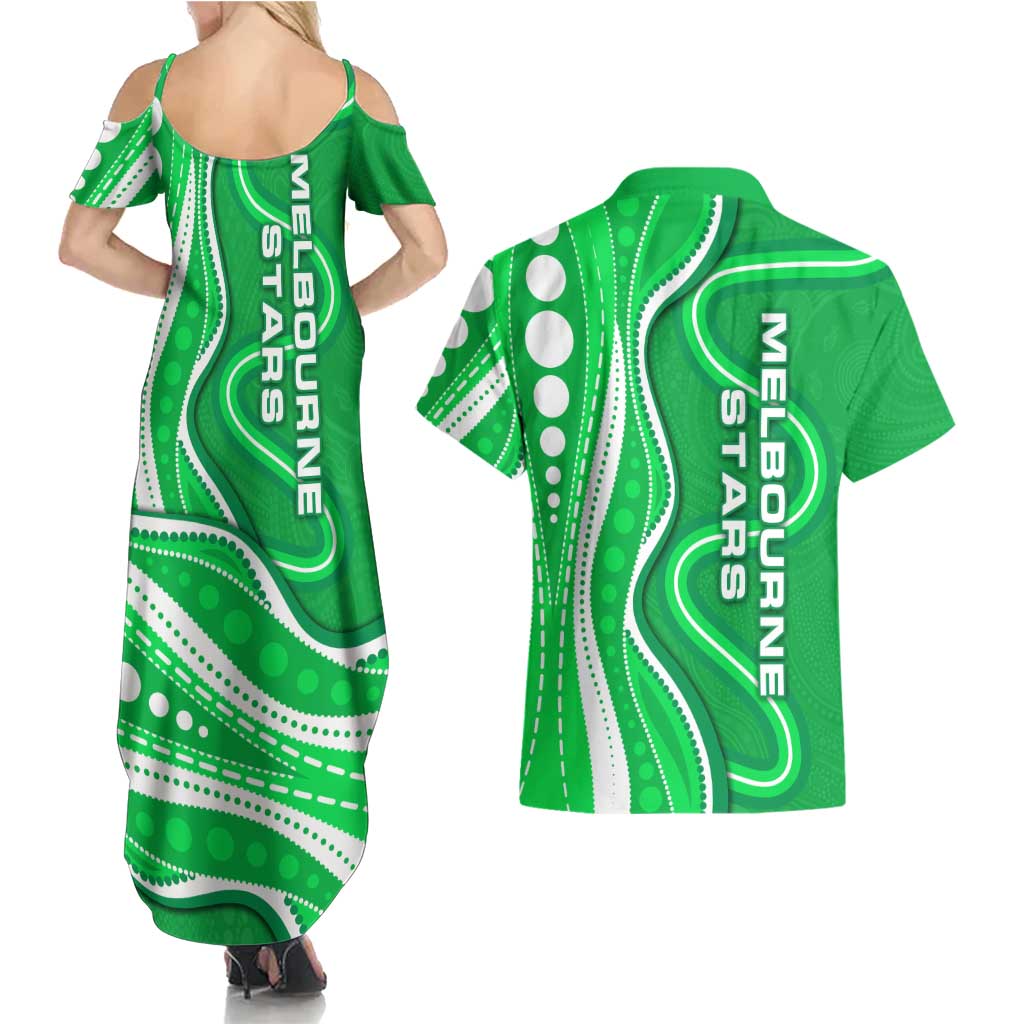 Melbourne Stars Couples Matching Summer Maxi Dress and Hawaiian Shirt Aboriginal Dot Art Green White - Tribal Wave Pattern