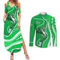 Melbourne Stars Couples Matching Summer Maxi Dress and Long Sleeve Button Shirt Aboriginal Dot Art Green White - Tribal Wave Pattern