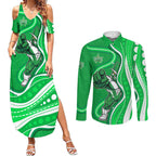Melbourne Stars Couples Matching Summer Maxi Dress and Long Sleeve Button Shirt Aboriginal Dot Art Green White - Tribal Wave Pattern