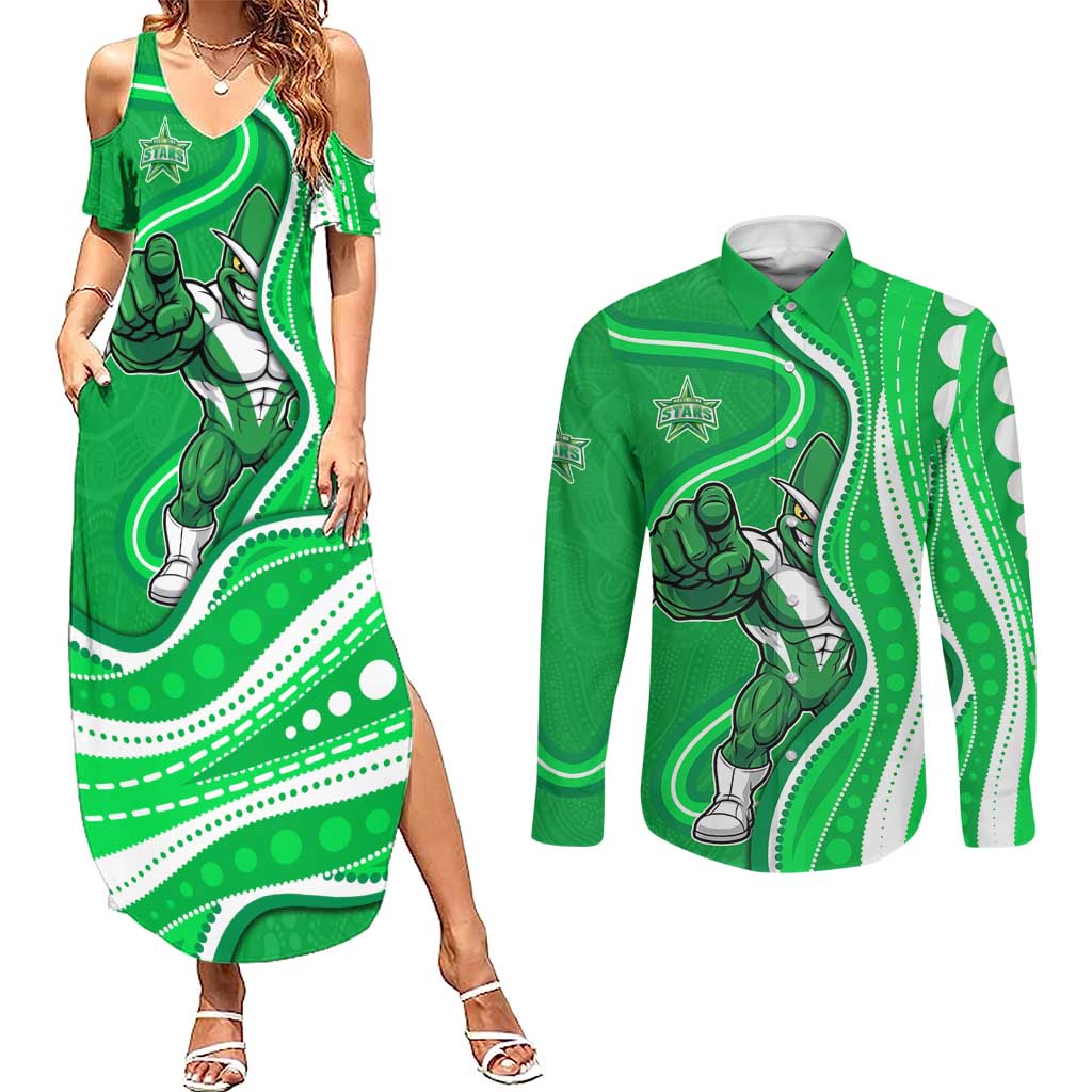 Melbourne Stars Couples Matching Summer Maxi Dress and Long Sleeve Button Shirt Aboriginal Dot Art Green White - Tribal Wave Pattern