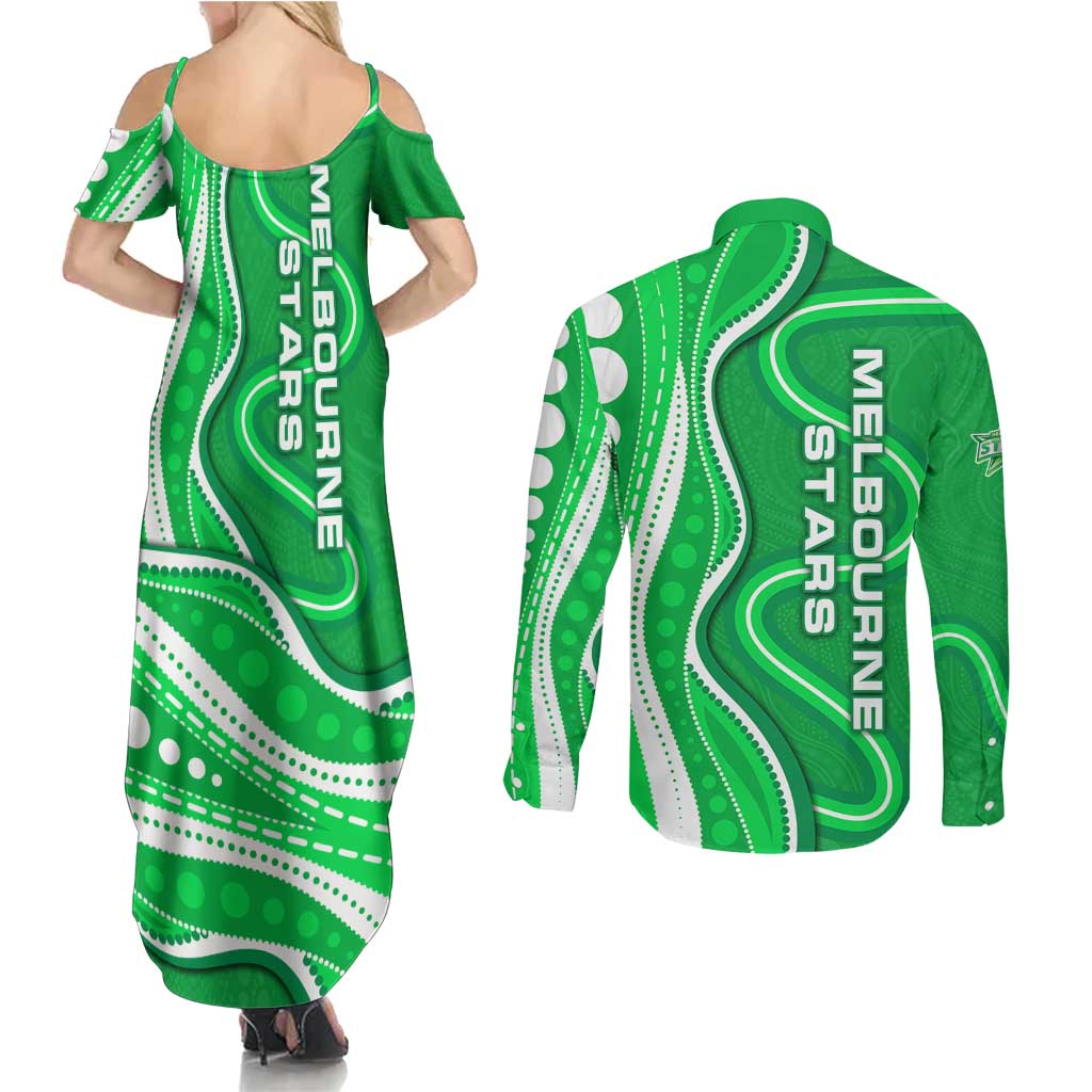 Melbourne Stars Couples Matching Summer Maxi Dress and Long Sleeve Button Shirt Aboriginal Dot Art Green White - Tribal Wave Pattern