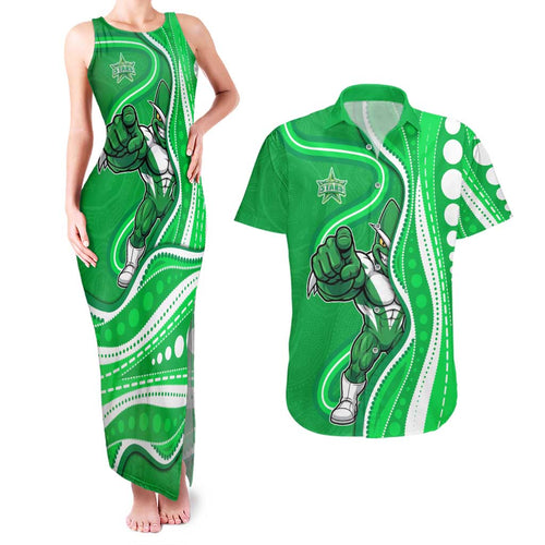 Melbourne Stars Couples Matching Tank Maxi Dress and Hawaiian Shirt Aboriginal Dot Art Green White - Tribal Wave Pattern
