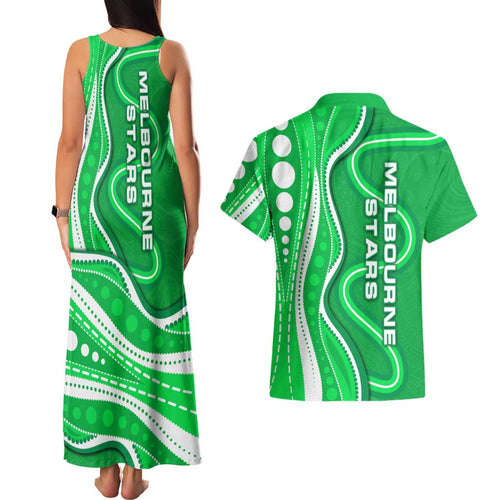 Melbourne Stars Couples Matching Tank Maxi Dress and Hawaiian Shirt Aboriginal Dot Art Green White - Tribal Wave Pattern