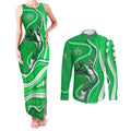 Melbourne Stars Couples Matching Tank Maxi Dress and Long Sleeve Button Shirt Aboriginal Dot Art Green White - Tribal Wave Pattern