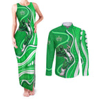 Melbourne Stars Couples Matching Tank Maxi Dress and Long Sleeve Button Shirt Aboriginal Dot Art Green White - Tribal Wave Pattern