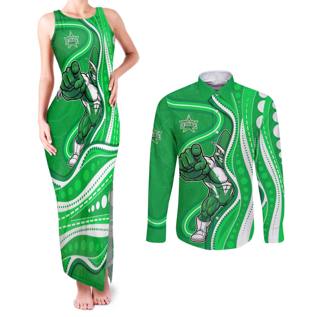 Melbourne Stars Couples Matching Tank Maxi Dress and Long Sleeve Button Shirt Aboriginal Dot Art Green White - Tribal Wave Pattern