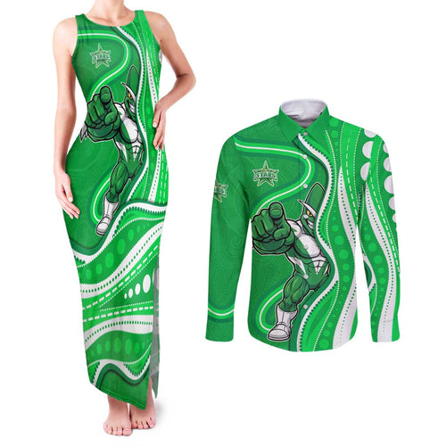 Melbourne Stars Couples Matching Tank Maxi Dress and Long Sleeve Button Shirt Aboriginal Dot Art Green White - Tribal Wave Pattern