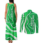 Melbourne Stars Couples Matching Tank Maxi Dress and Long Sleeve Button Shirt Aboriginal Dot Art Green White - Tribal Wave Pattern
