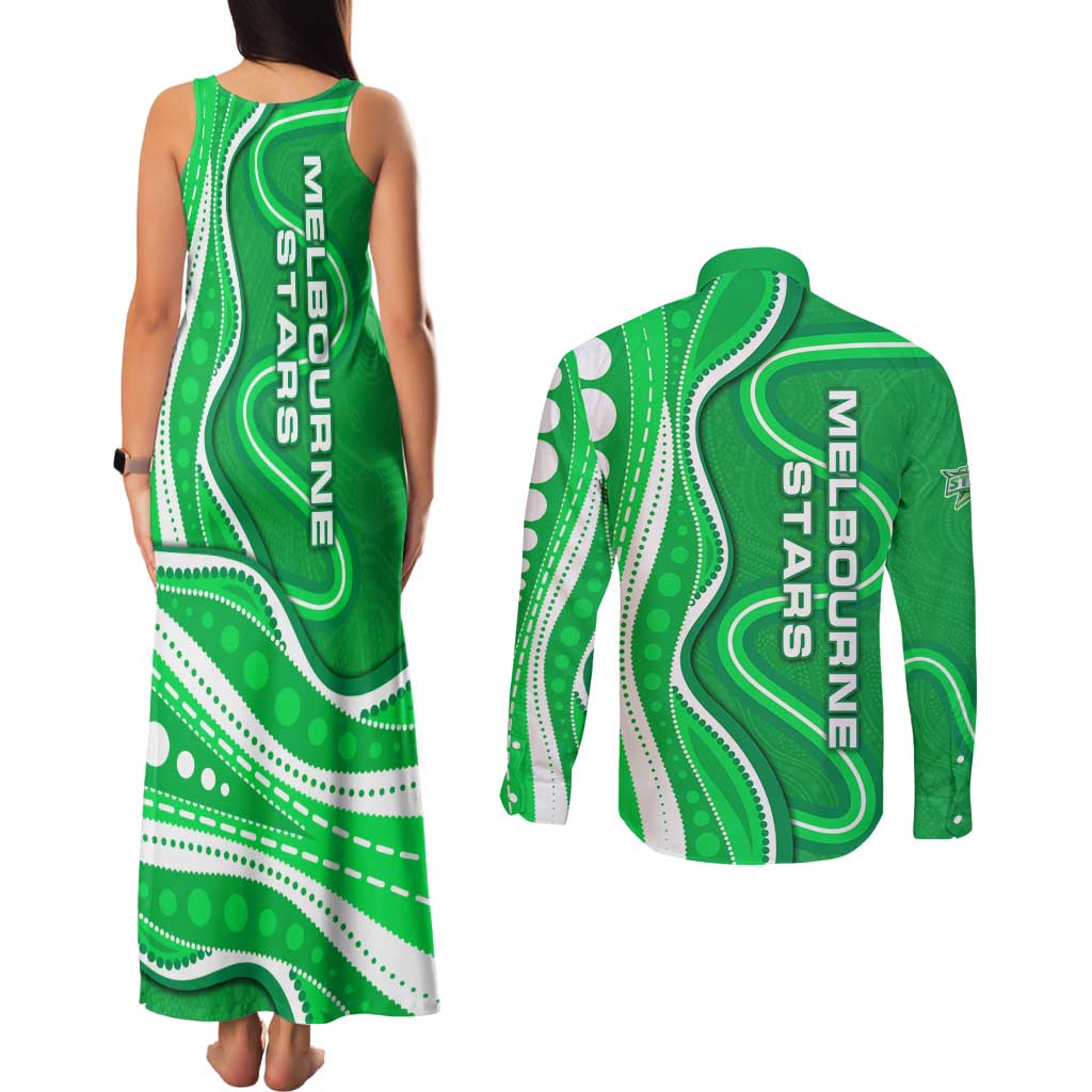 Melbourne Stars Couples Matching Tank Maxi Dress and Long Sleeve Button Shirt Aboriginal Dot Art Green White - Tribal Wave Pattern