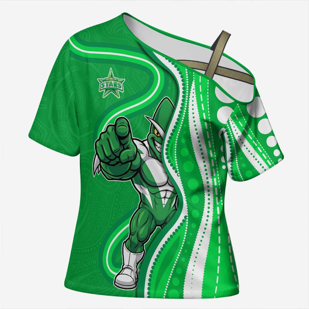 Melbourne Stars Cross Shoulder Shirt Aboriginal Dot Art Green White - Tribal Wave Pattern