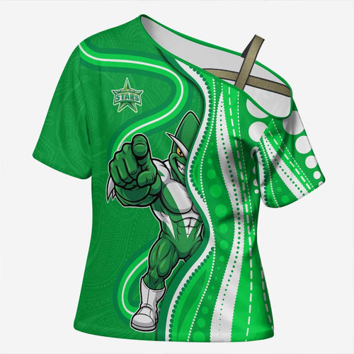 Melbourne Stars Cross Shoulder Shirt Aboriginal Dot Art Green White - Tribal Wave Pattern