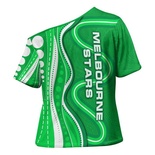 Melbourne Stars Cross Shoulder Shirt Aboriginal Dot Art Green White - Tribal Wave Pattern